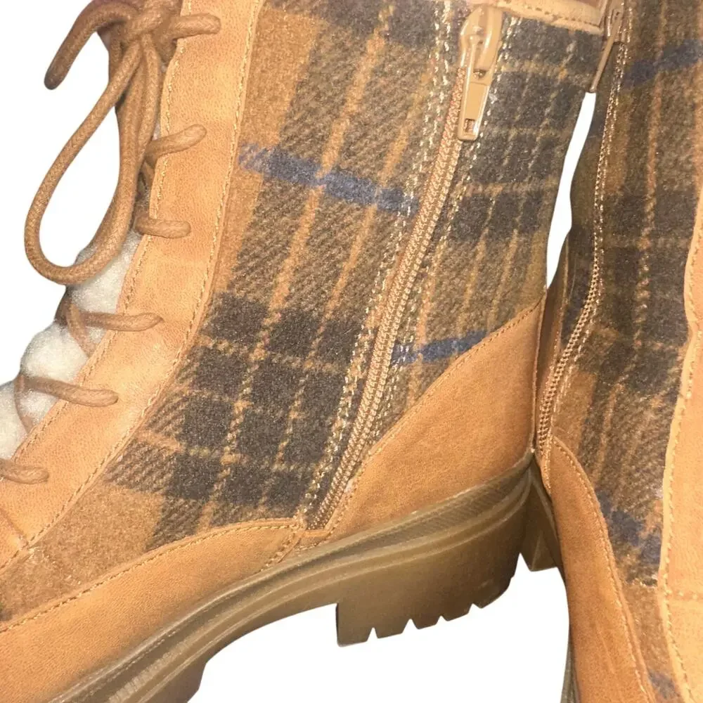 Lucky Brand LP-EDIVE Plaid Faux Fur Lace Up Lug Sole Boots Tan Brown Sz 10